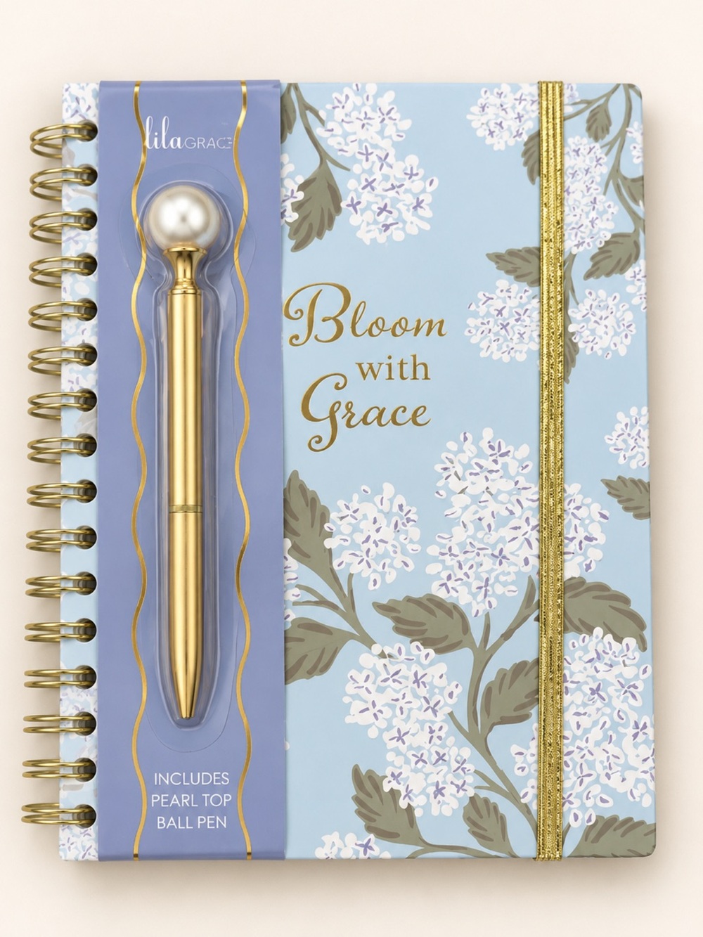"Bloom with Grace" Light Blue Floral Journal with Gold Pearl-Top Pen
